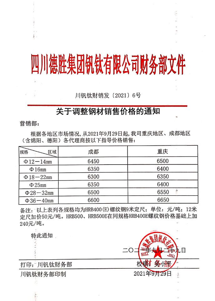 大发888老虎机9月29日钢材销售指导价