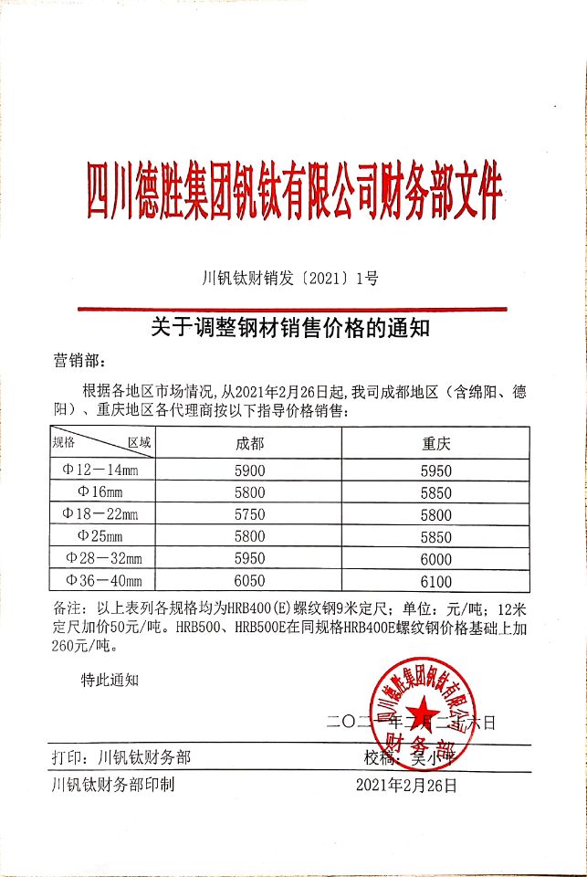 大发888老虎机2月26日钢材销售指导价