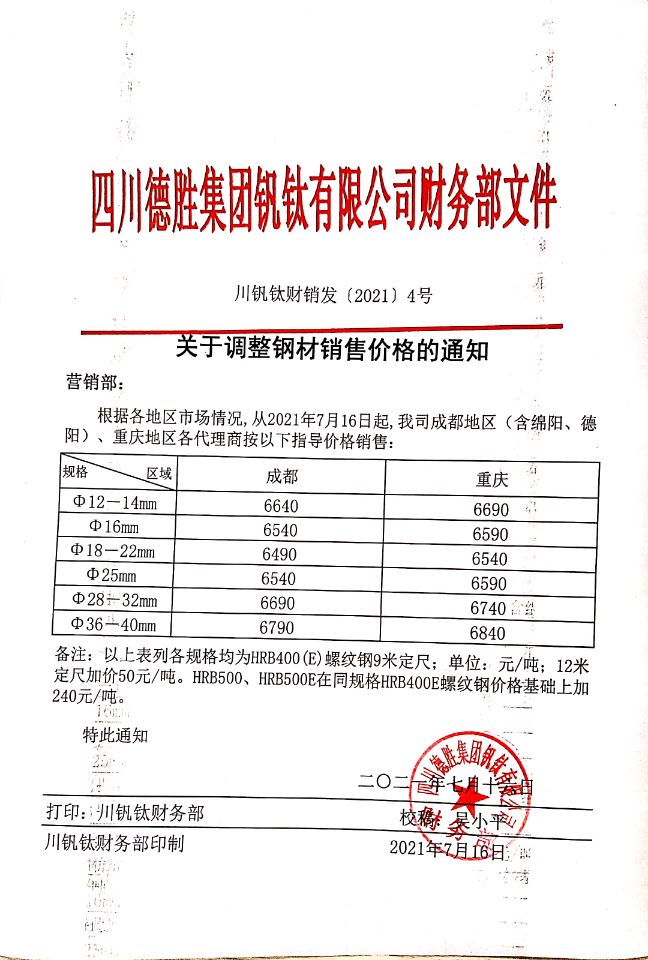 大发888老虎机7月16日钢材销售指导价